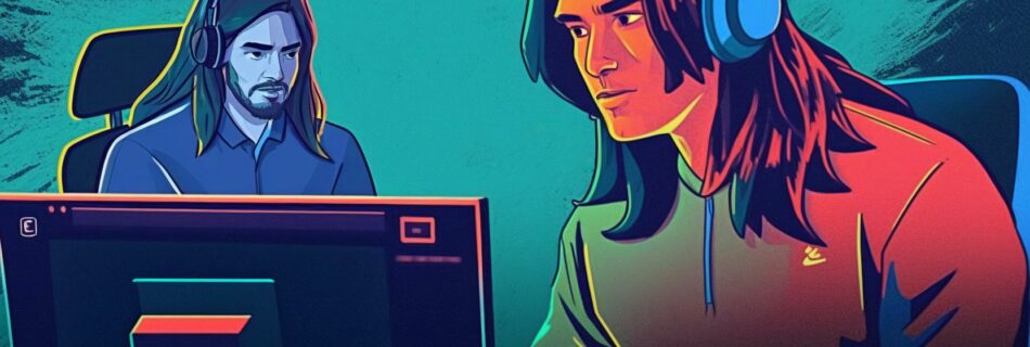 Preparation mentale dans l'esport. Un Préparateur mental et un joueur de jeux video.