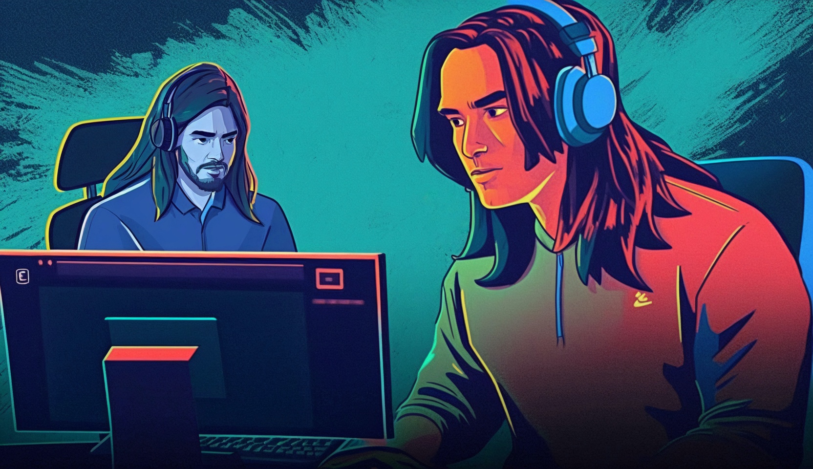 Preparation mentale dans l'esport. Un Préparateur mental et un joueur de jeux video.